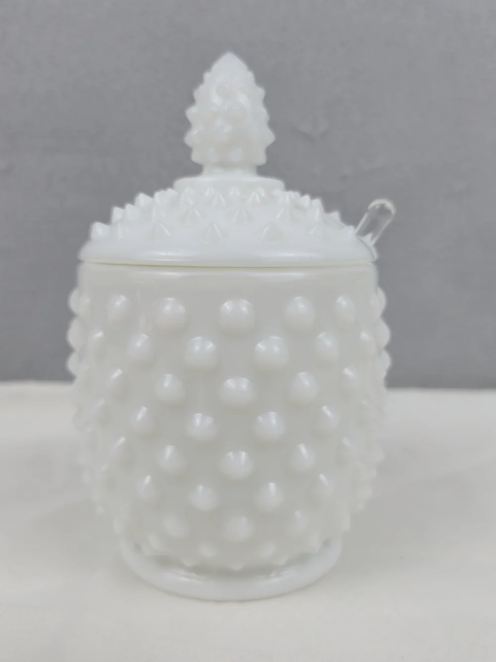 Vintage Fenton White Milk Glass Hobnail Jam / Jelly Jar with Lid & Spoon
